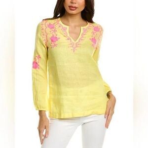 Lilly Pulitzer Coby Linen Tunic Top Women's Large Yellow Pink Embroidered EUC